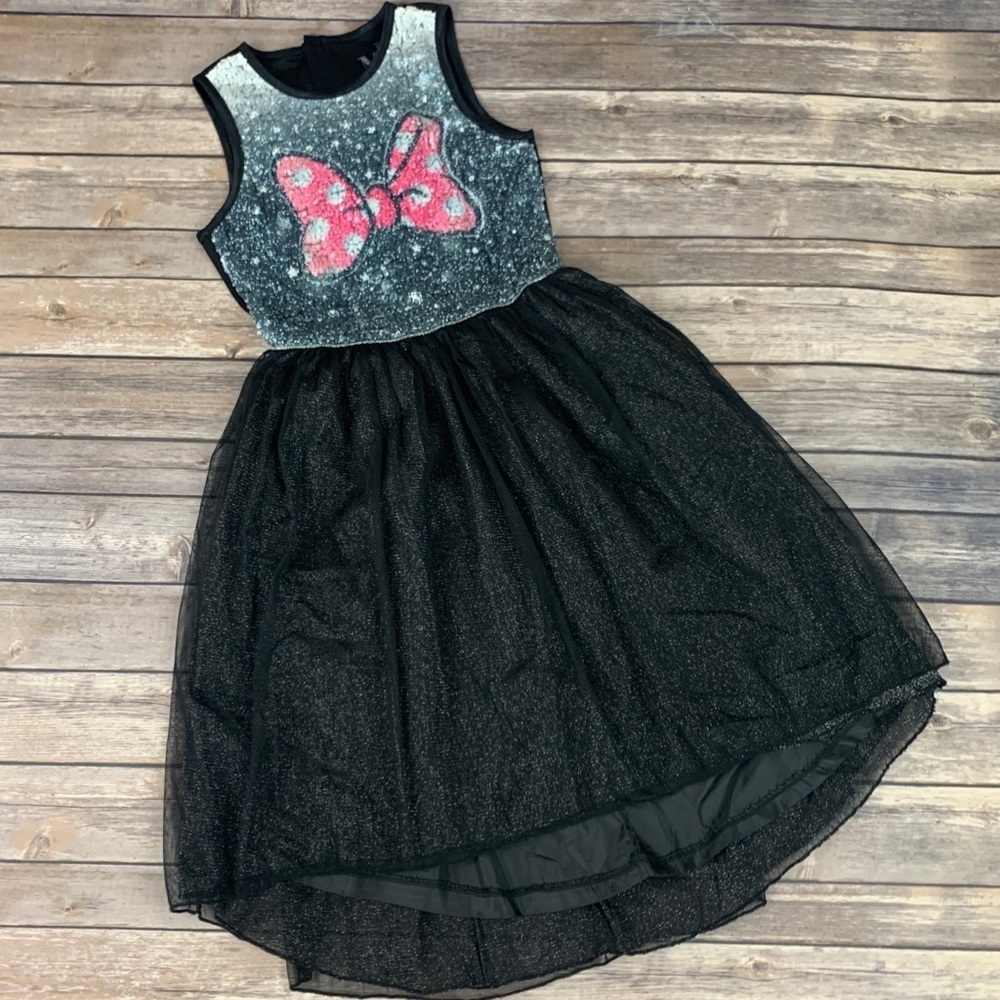 Disney Minnie Mouse Graphic Sequin Bow Black Dress